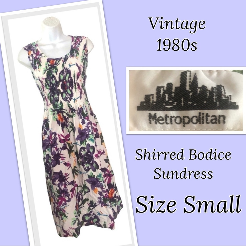 Vintage 80s Floral Sundress Shirred Bodice India Cotton S